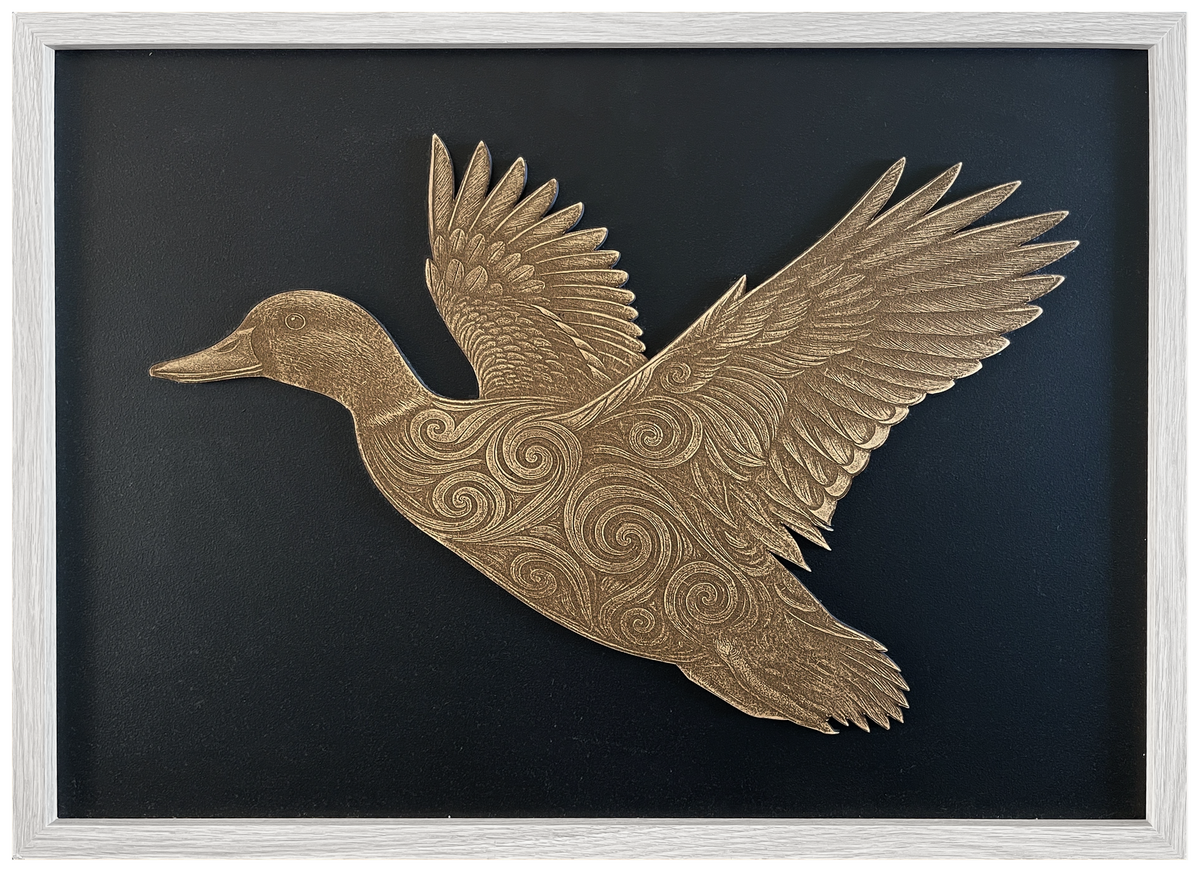 Koru Duck — Side engraved cutout artwork with black background and White frame — colour visualisation, not a new photograph.