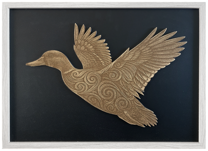 Koru Duck — Side engraved cutout artwork with black background and White frame — colour visualisation, not a new photograph.