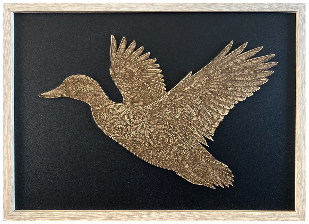 Koru Duck — Side engraved cutout artwork in an A2-size Ashwood-finish frame with a black background