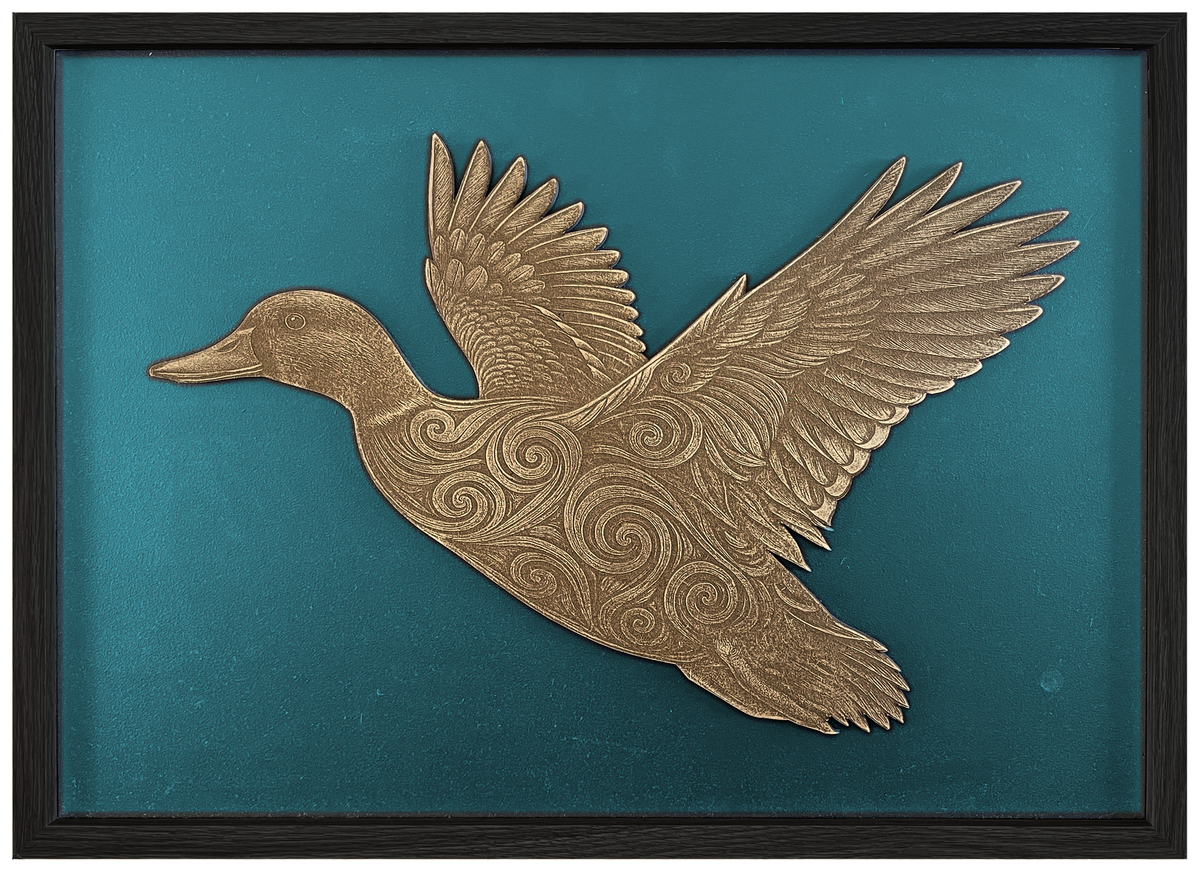 Koru Duck — Side engraved cutout artwork with teal background and Black frame — colour visualisation, not a new photograph.