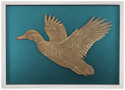 Koru Duck — Side engraved cutout artwork with teal background and White frame — colour visualisation, not a new photograph.