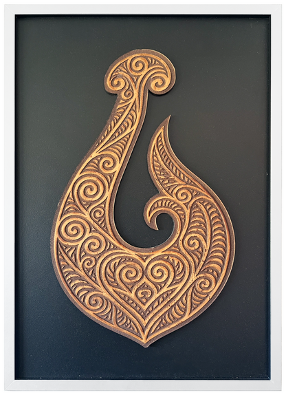 Manaia engraved cutout artwork with black background and White frame — colour visualisation, not a new photograph.