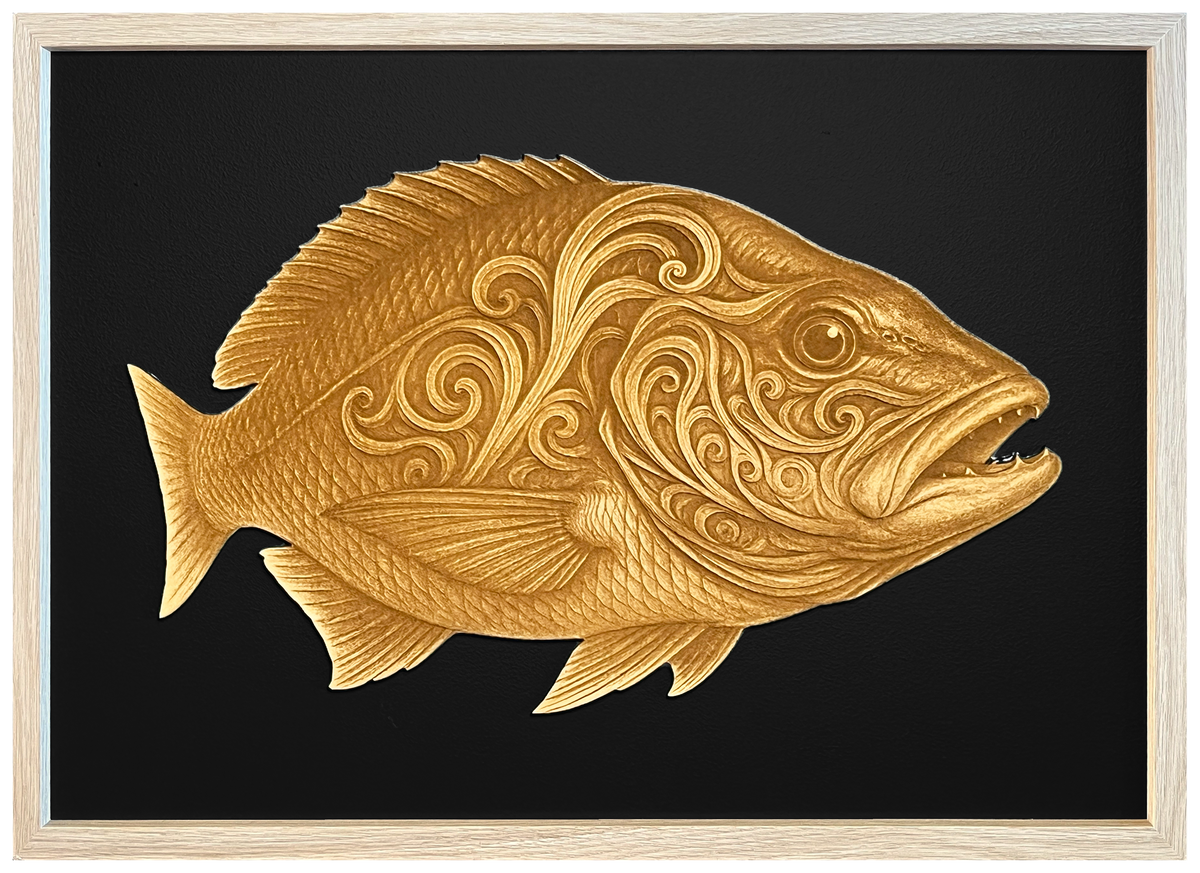 Mighty Snapper engraved cutout artwork with black background and Ashwood frame — frame-finish composite and colour visualisation, not a new photograph.