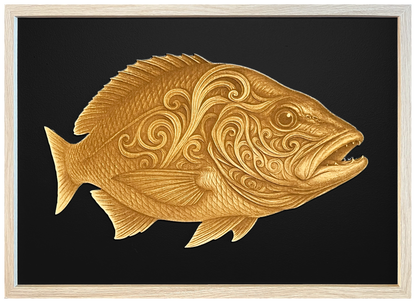 Mighty Snapper engraved cutout artwork with black background and Ashwood frame — frame-finish composite and colour visualisation, not a new photograph.