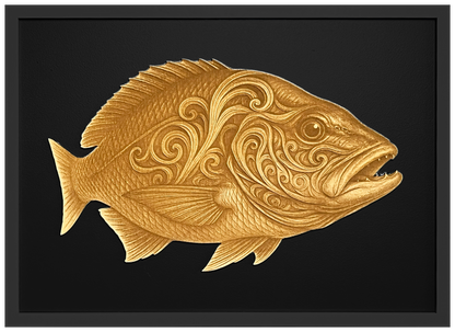 Mighty Snapper engraved cutout artwork with black background and Black frame — colour visualisation, not a new photograph.