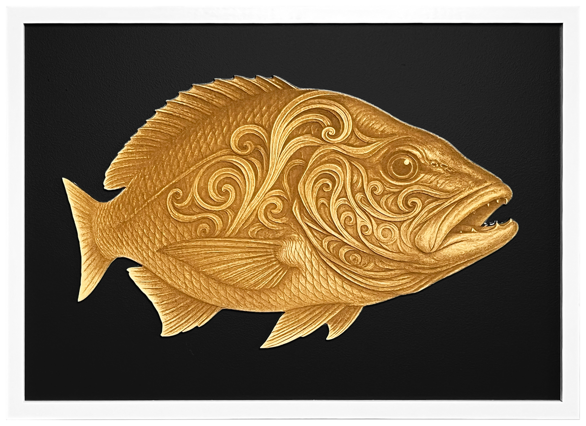 Mighty Snapper engraved cutout artwork with black background and White frame — colour visualisation, not a new photograph.
