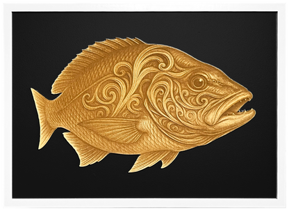 Mighty Snapper engraved cutout artwork with black background and White frame — colour visualisation, not a new photograph.