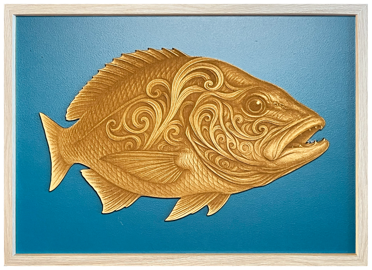 Mighty Snapper engraved cutout artwork with teal background and Ashwood frame — frame-finish composite and colour visualisation, not a new photograph.