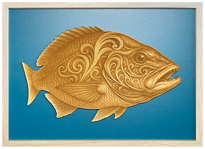 Mighty Snapper engraved cutout artwork with teal background and Ashwood frame — frame-finish composite and colour visualisation, not a new photograph.