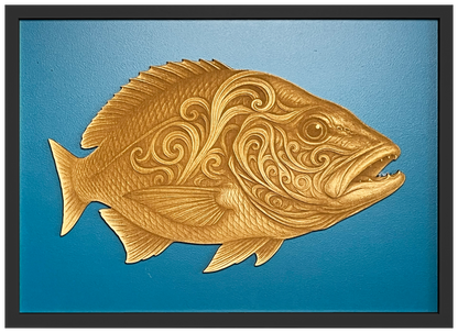 Mighty Snapper engraved cutout artwork with teal background and Black frame — colour visualisation, not a new photograph.