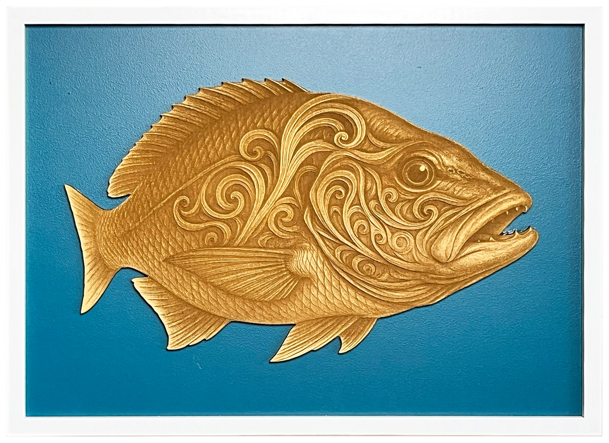 Mighty Snapper engraved cutout artwork with flowing decorative detail, teal background and an A2-size white frame