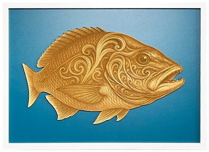 Mighty Snapper engraved cutout artwork with flowing decorative detail, teal background and an A2-size white frame