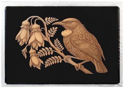 Tūī and Kōwhai engraved cutout artwork with black background and White frame — colour visualisation, not a new photograph.
