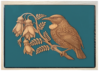 Tūī and Kōwhai engraved cutout artwork with teal background and Ashwood frame — frame-finish composite and colour visualisation, not a new photograph.
