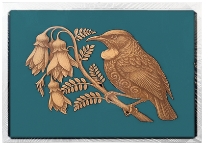 Tūī and Kōwhai engraved cutout artwork with teal background and White frame — colour visualisation, not a new photograph.
