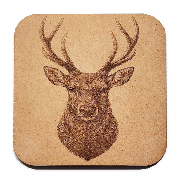 Antlers design engraved on one MDF coaster