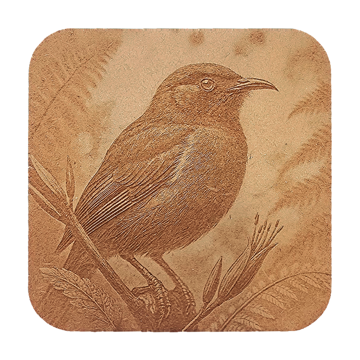 Bellbird artwork engraved on a Wood/MDF coaster