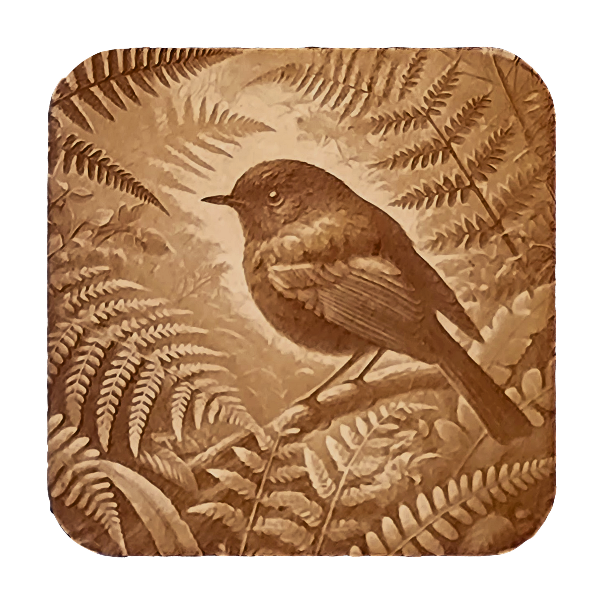 Black Robin artwork engraved on a Wood/MDF coaster