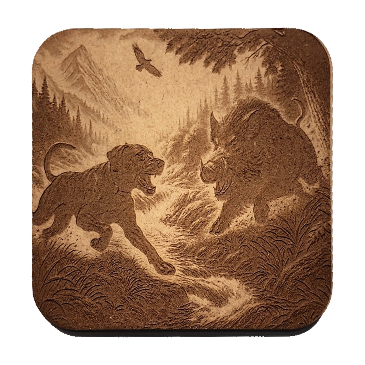 The Take Down artwork engraved on a Wood/MDF coaster