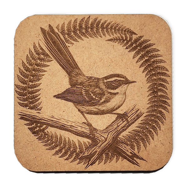 Fantail Branch design engraved on one MDF coaster