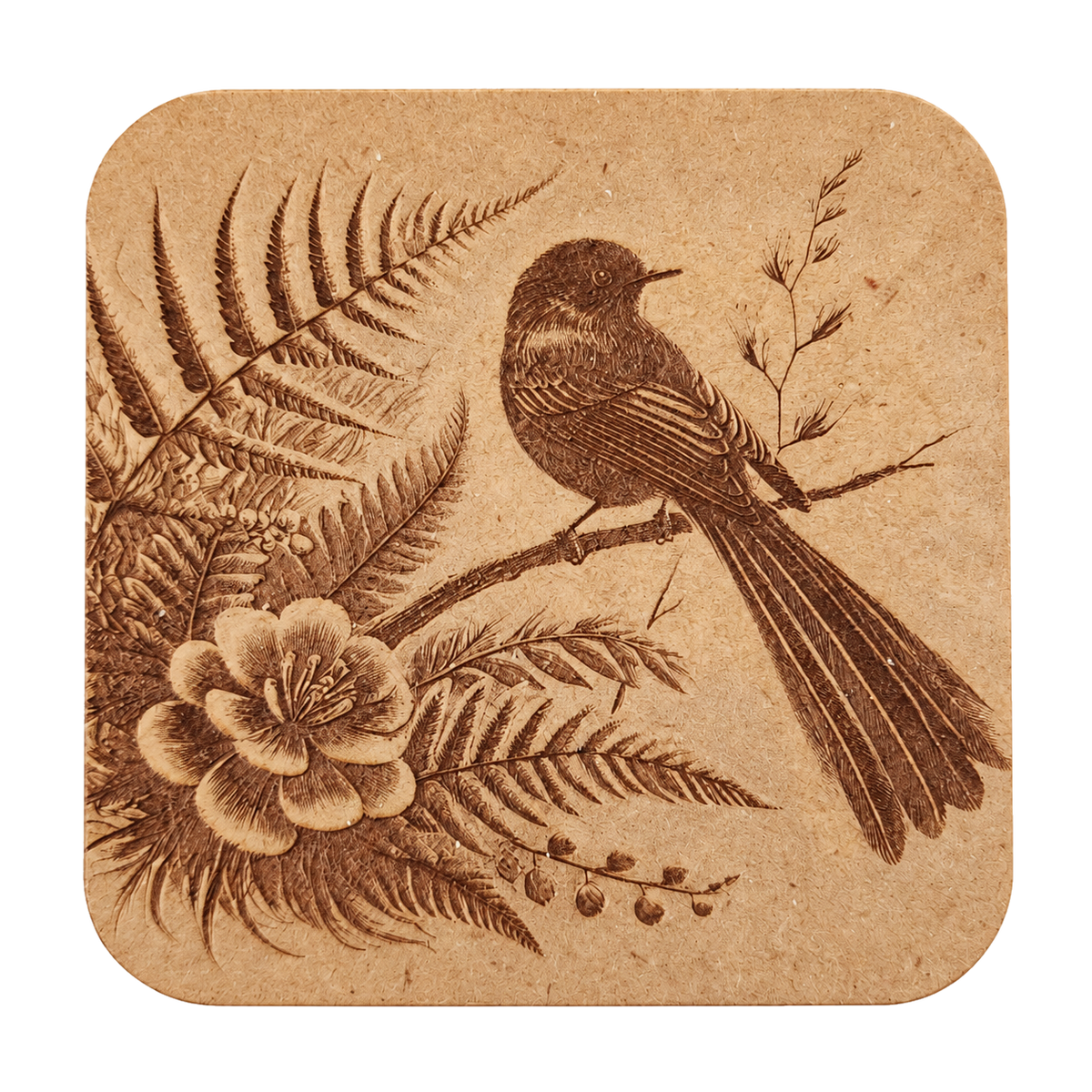 Fantail Flower design engraved on one MDF coaster