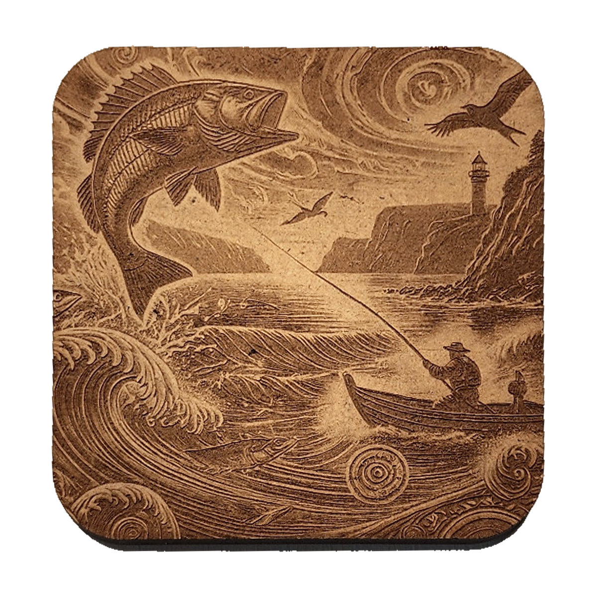 Fishing Spirit artwork engraved on a Wood/MDF coaster