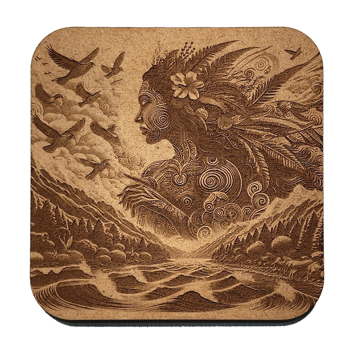 Gaia artwork engraved on a Wood/MDF coaster
