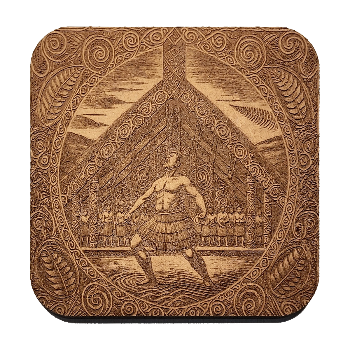 Haka: The Call artwork engraved on a Wood/MDF coaster