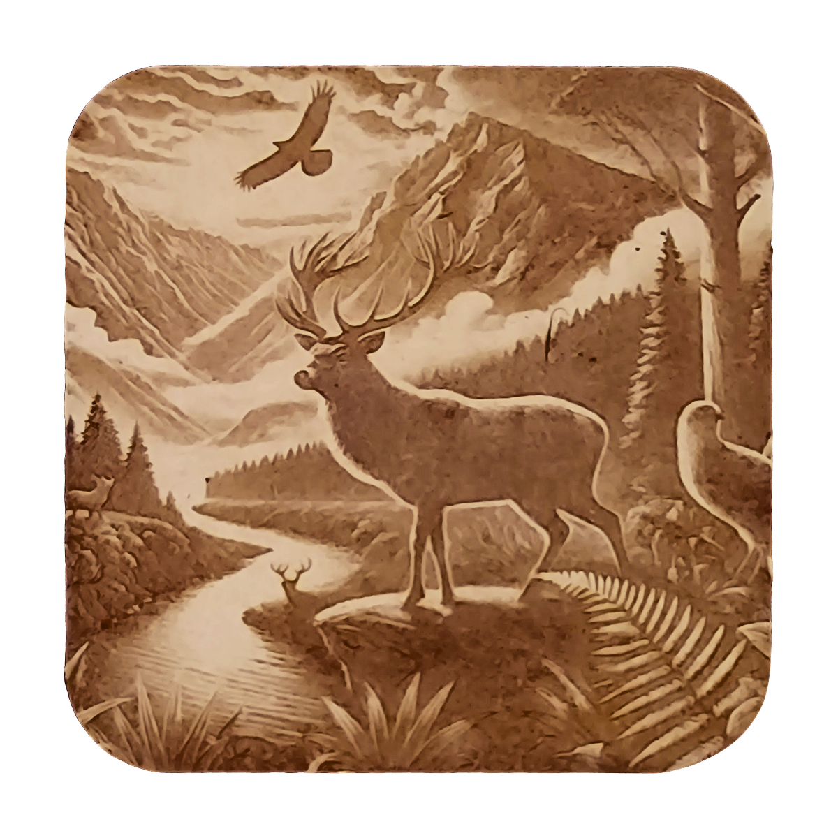 Hunter’s Sunrise artwork engraved on a Wood/MDF coaster