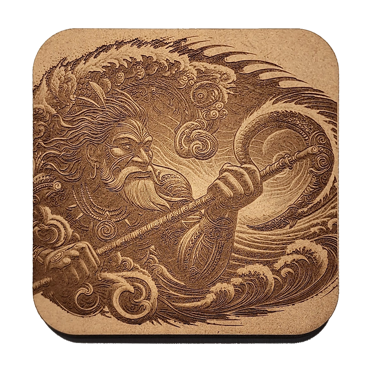 Māui: Facing the Deep artwork engraved on a Wood/MDF coaster