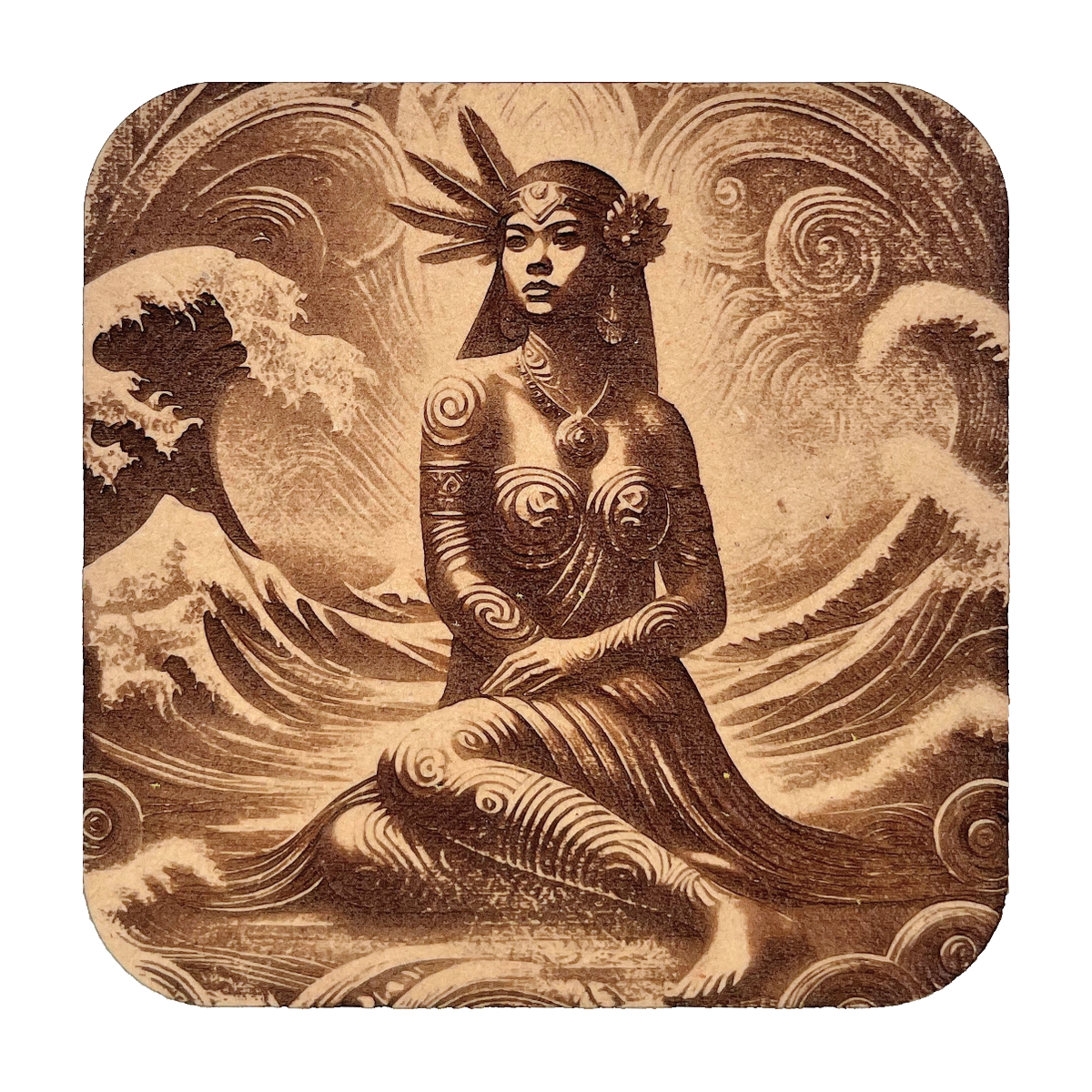 Pania of the Reef artwork engraved on a Wood/MDF coaster