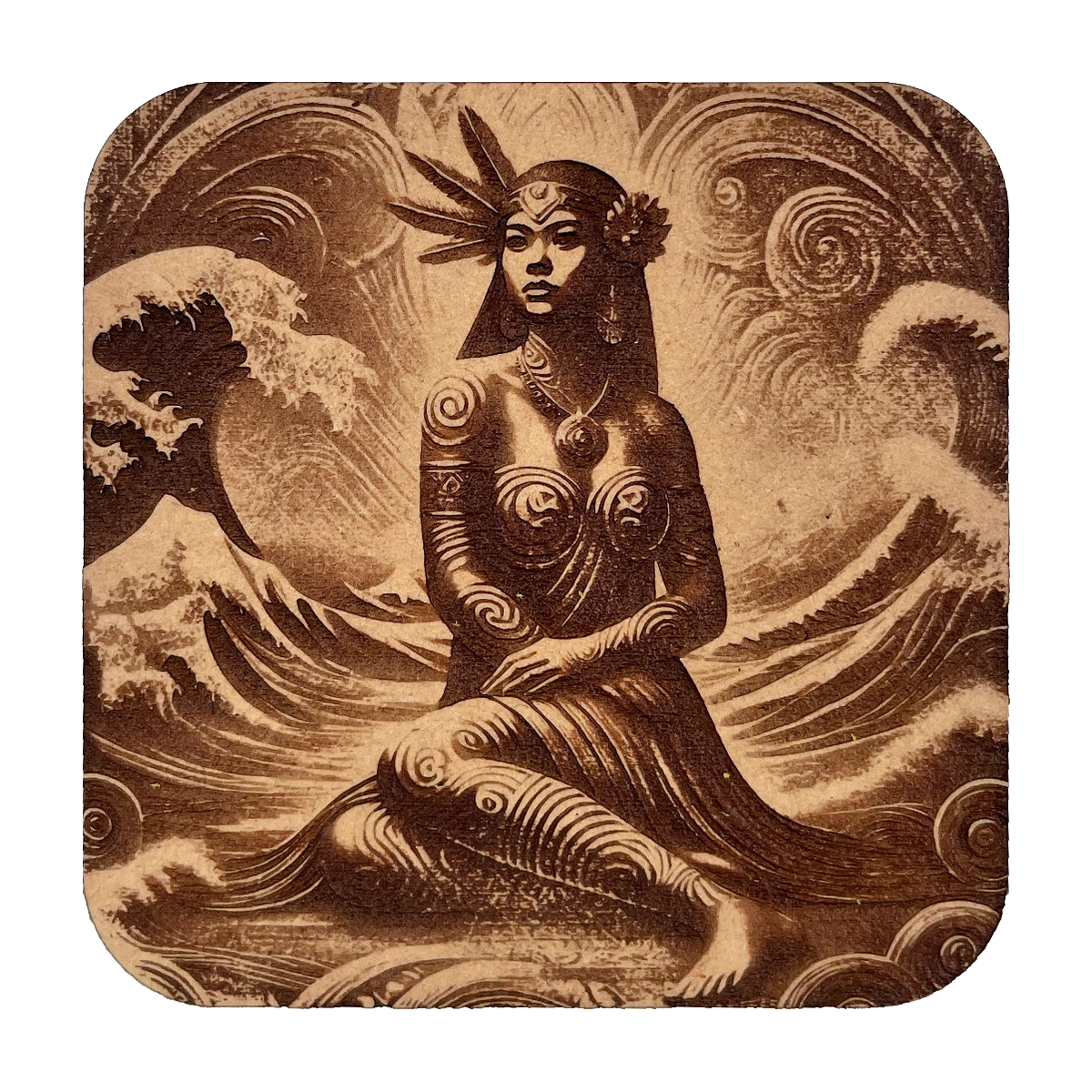 Pania of the Reef artwork engraved on a Wood/MDF coaster