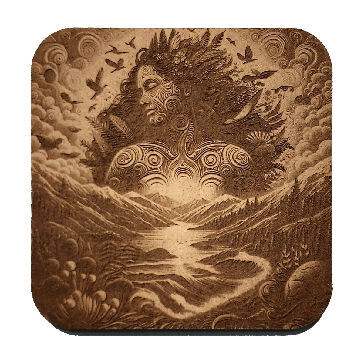 Papatunuku artwork engraved on a Wood/MDF coaster