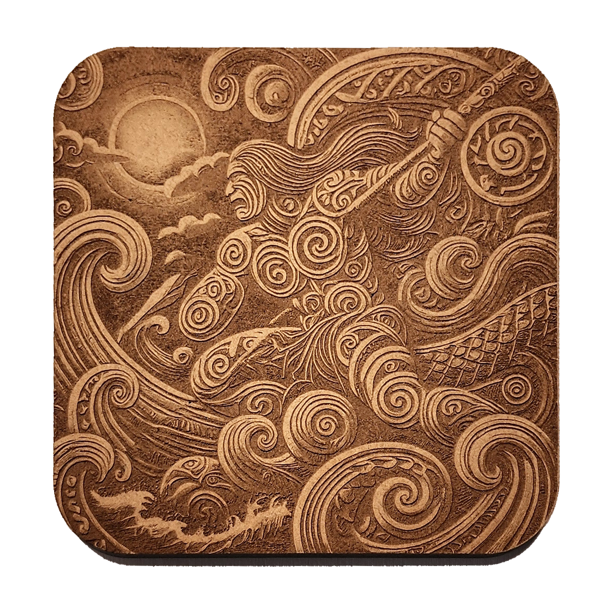 Sea Warrior artwork engraved on a Wood/MDF coaster