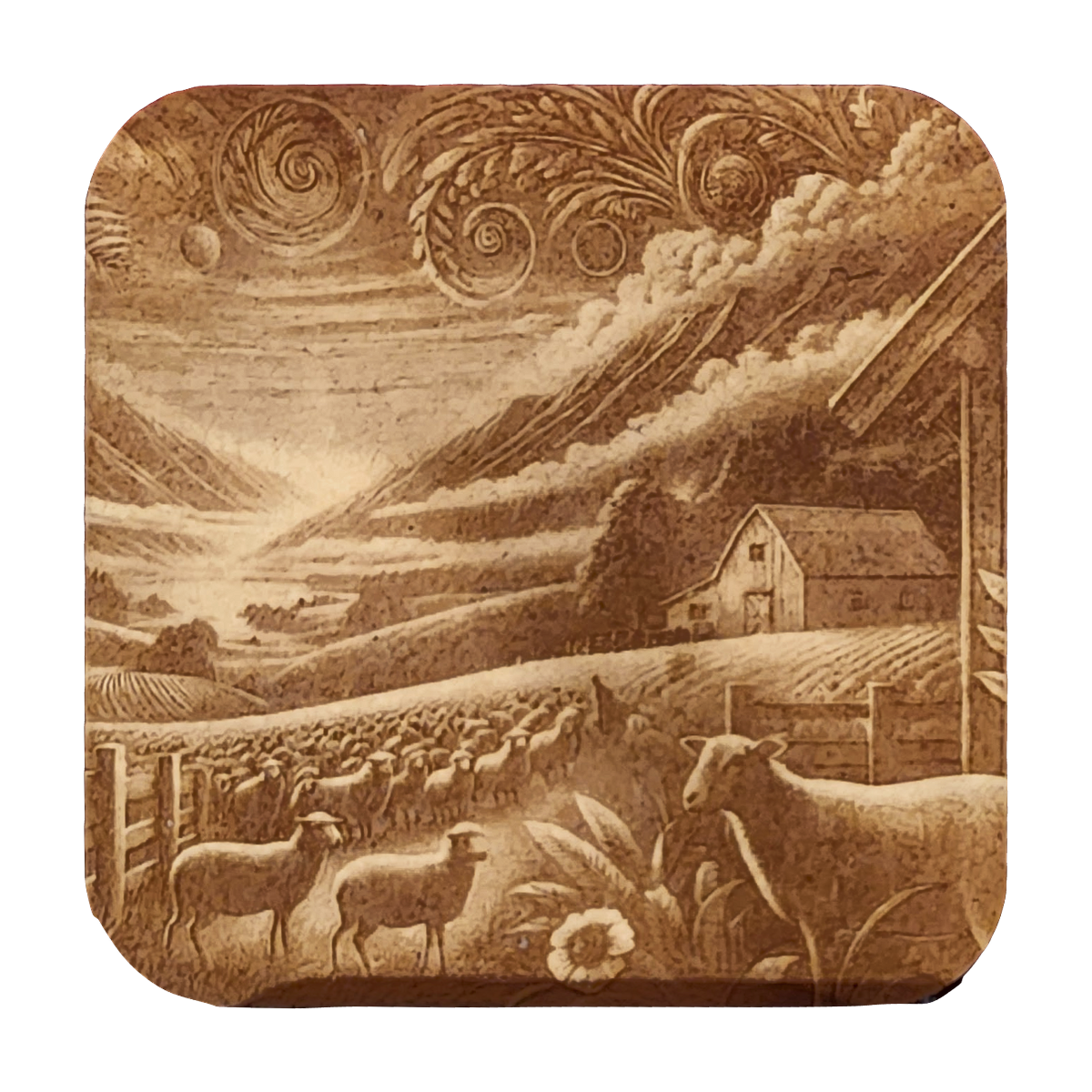 Sheep Farm artwork engraved on a Wood/MDF coaster