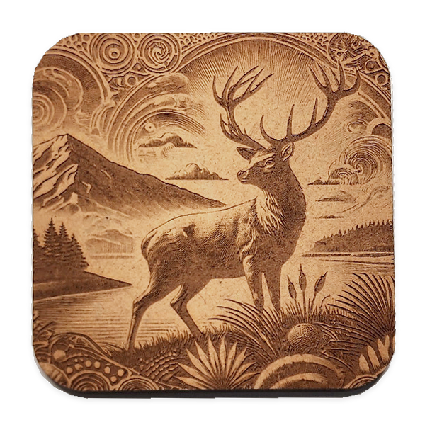 Spirit of the Outdoors design engraved on one MDF coaster