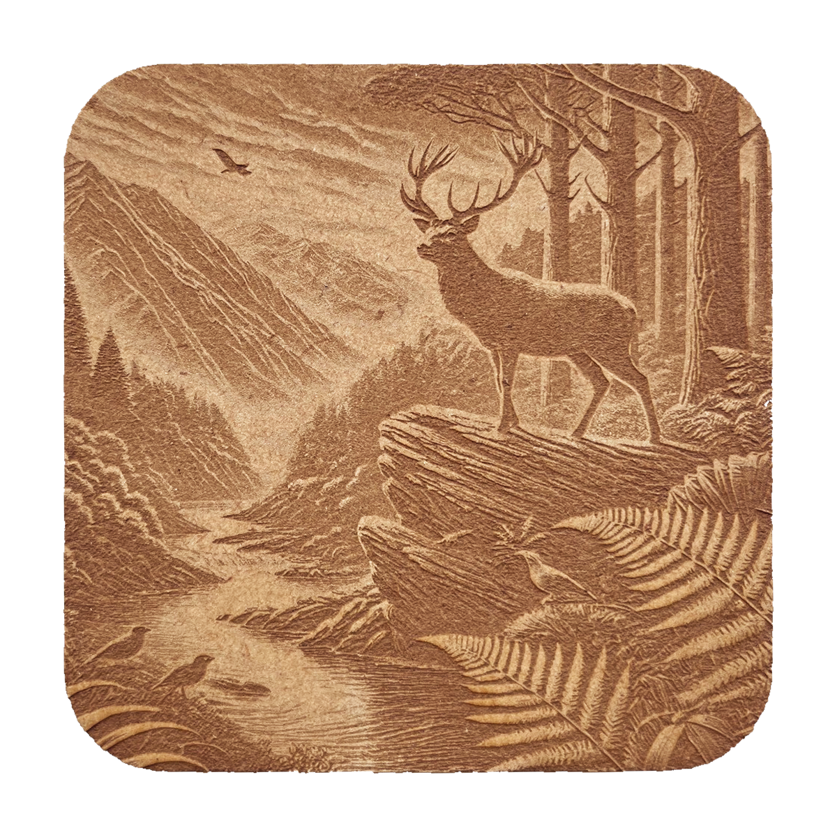 Stag’s Edge artwork engraved on a Wood/MDF coaster