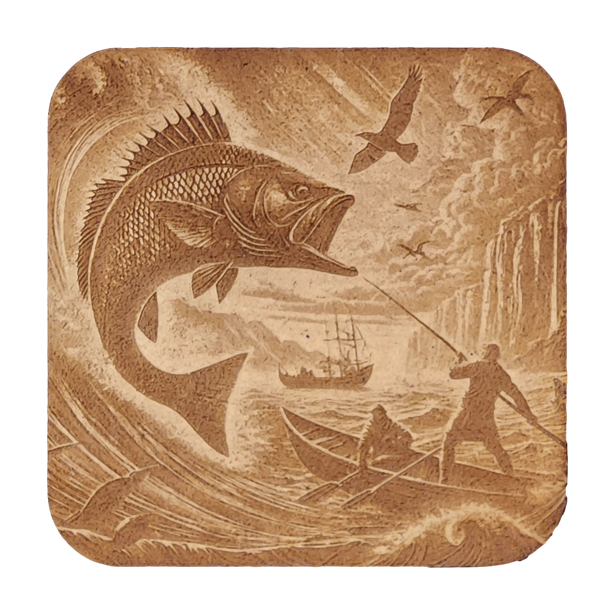 Standing Fisherman artwork engraved on a Wood/MDF coaster