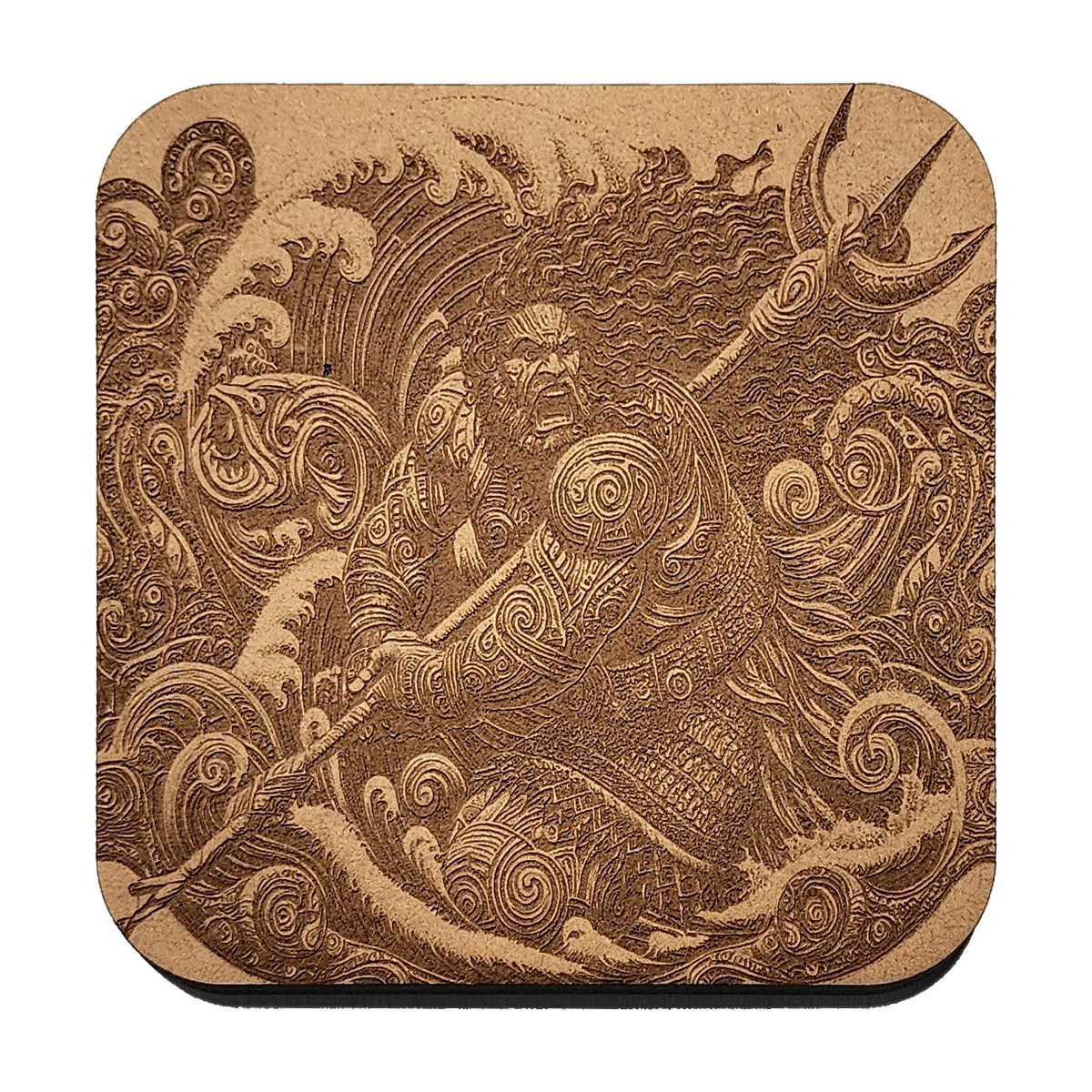 Tangaroa artwork engraved on a Wood/MDF coaster