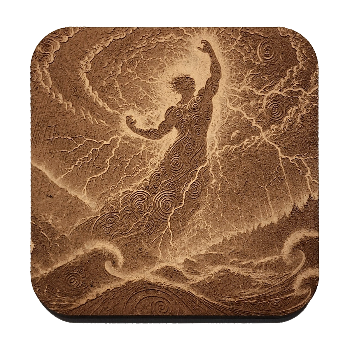 Tewhirimatea artwork engraved on a Wood/MDF coaster