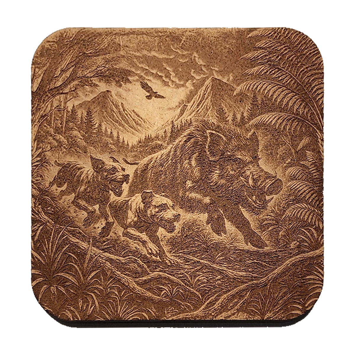 The Take Down: Two-Dog Edition artwork engraved on a Wood/MDF coaster