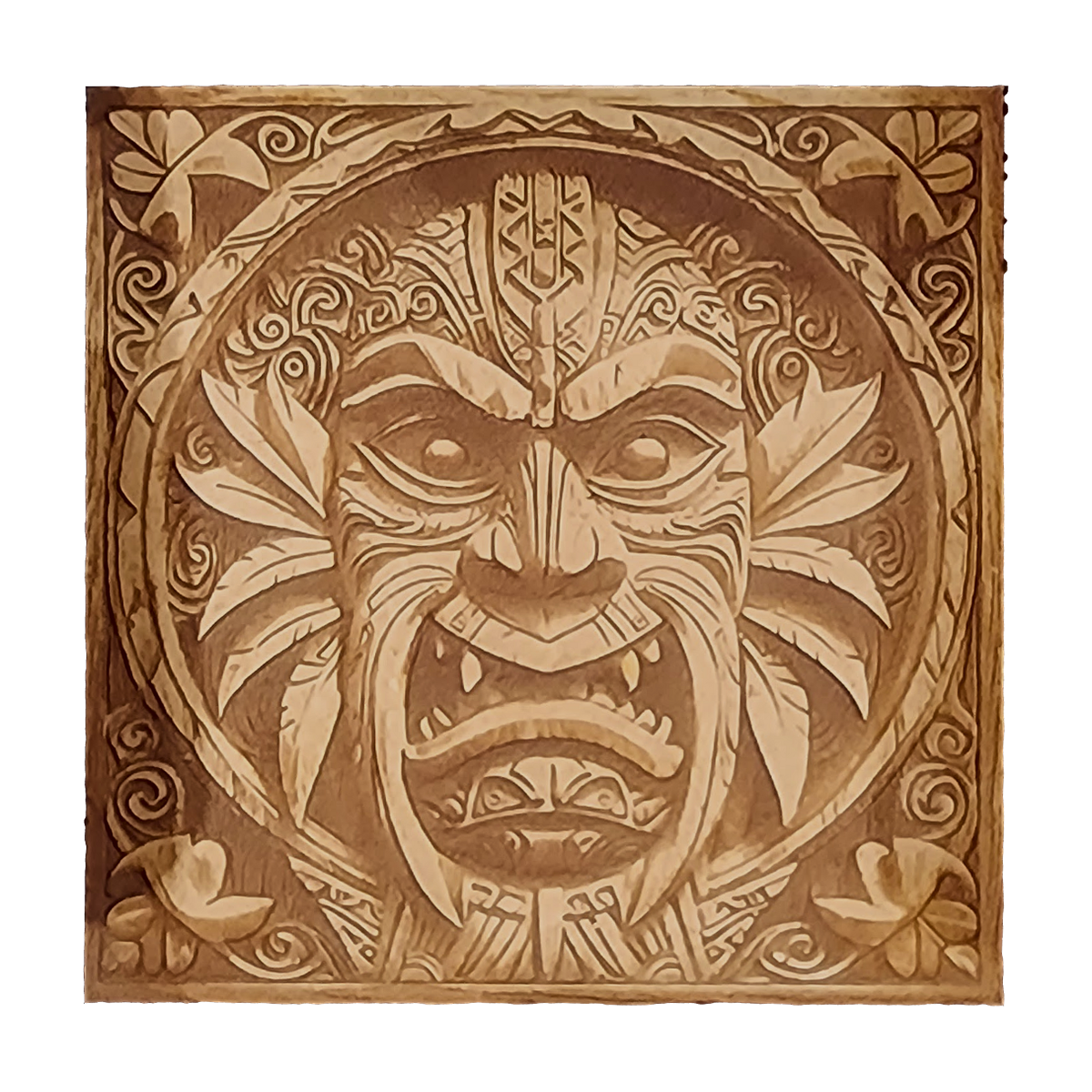 Tiki Head artwork engraved on a Wood/MDF coaster