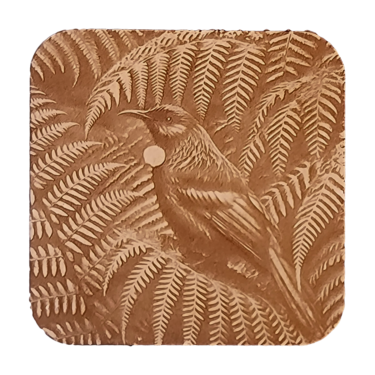 Tūī Fern artwork engraved on a Wood/MDF coaster