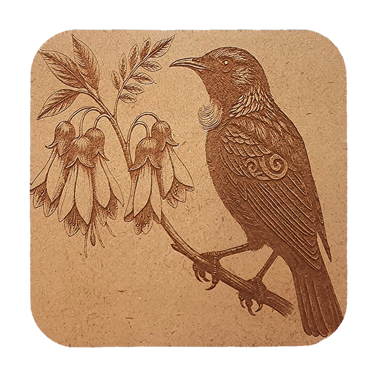 Tūī on Kōwhai Branch artwork engraved on a Wood/MDF coaster