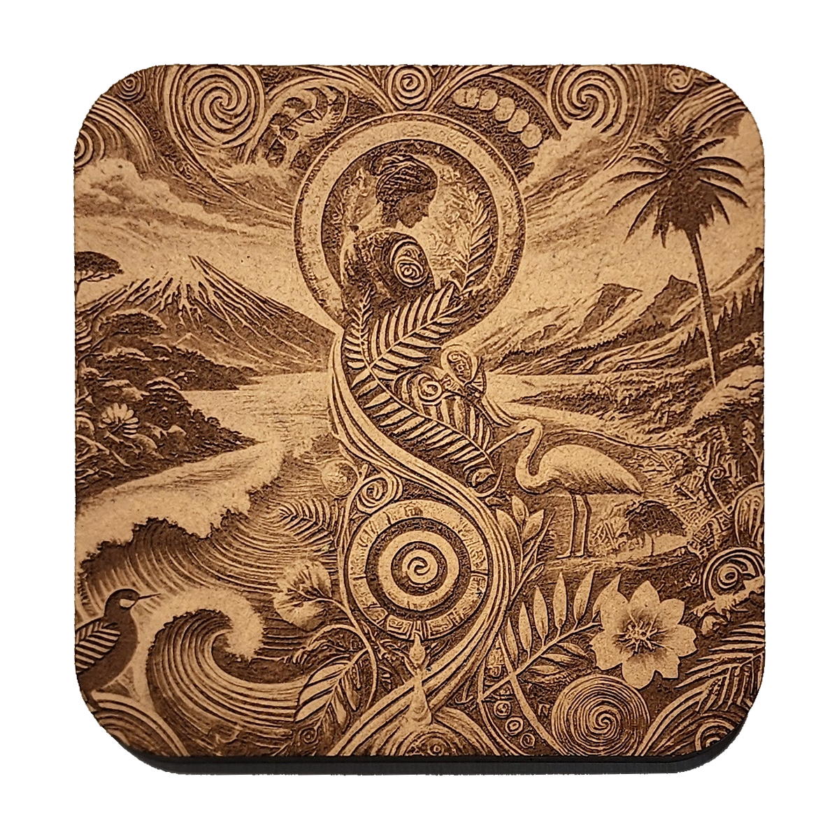 Wahine O te Awa artwork engraved on a Wood/MDF coaster