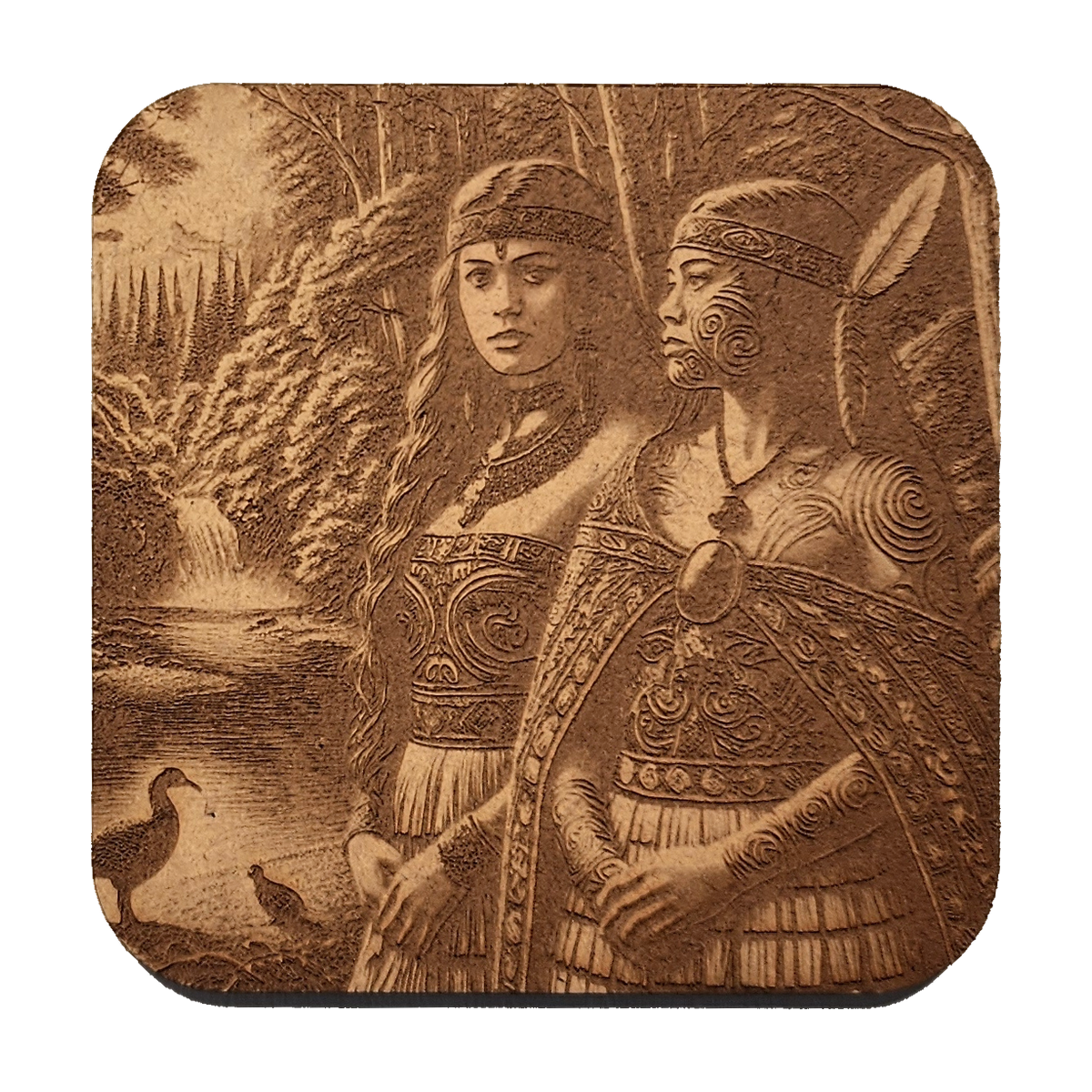 Wahines artwork engraved on a Wood/MDF coaster