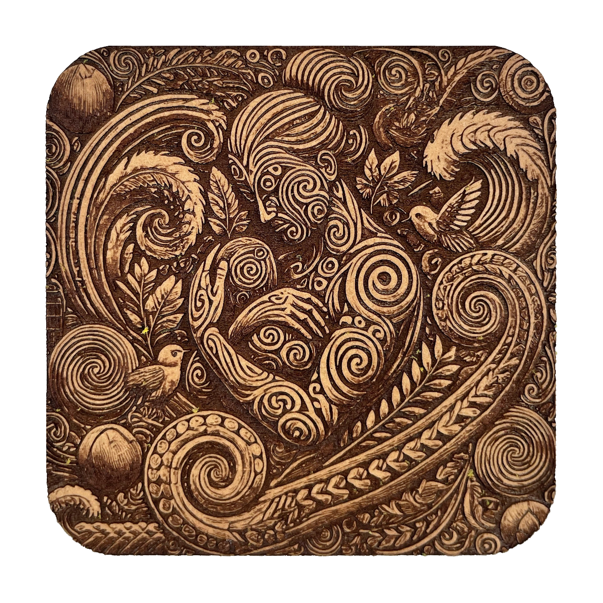 Whaea & Pepi artwork engraved on a Wood/MDF coaster
