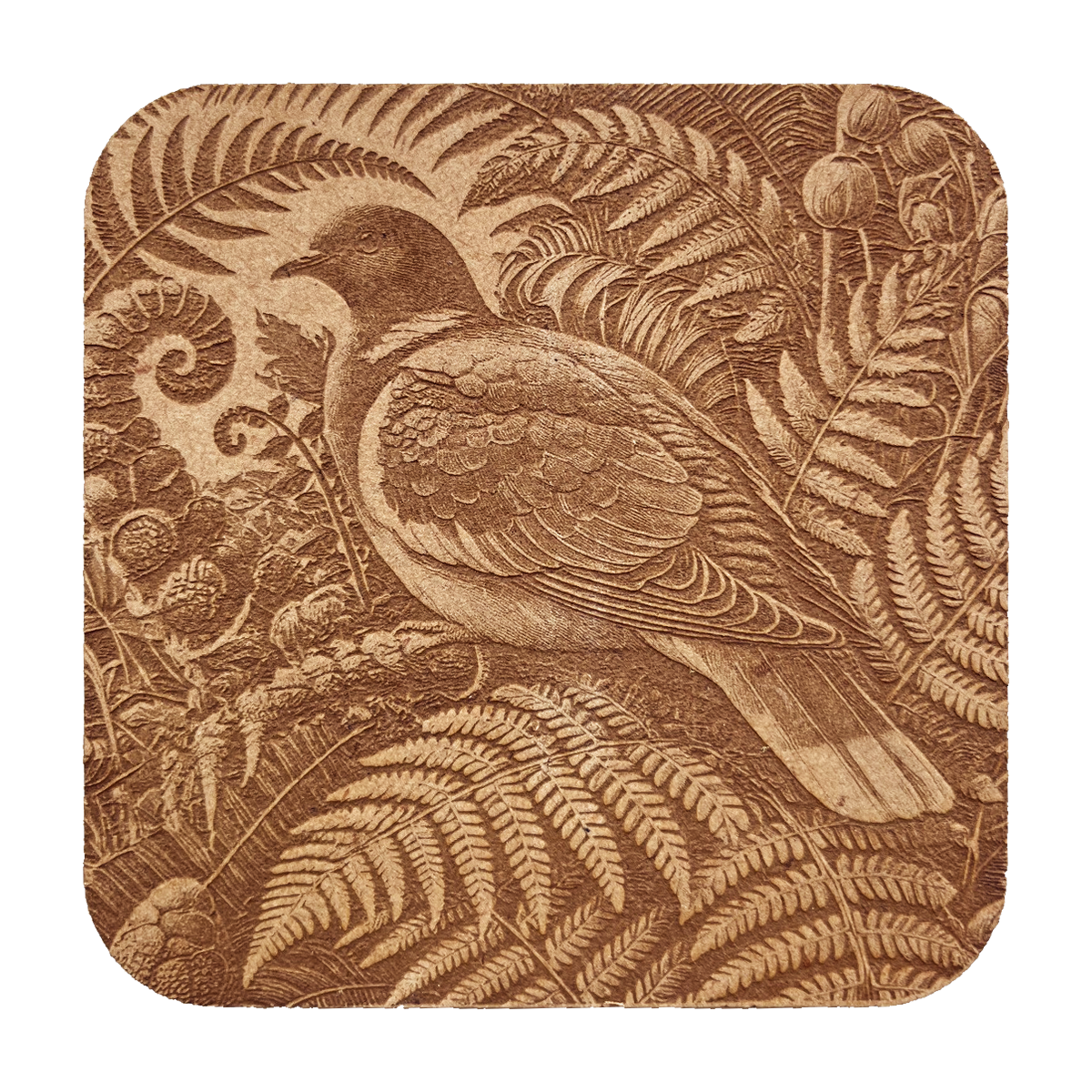 Wood Pigeon artwork engraved on a Wood/MDF coaster