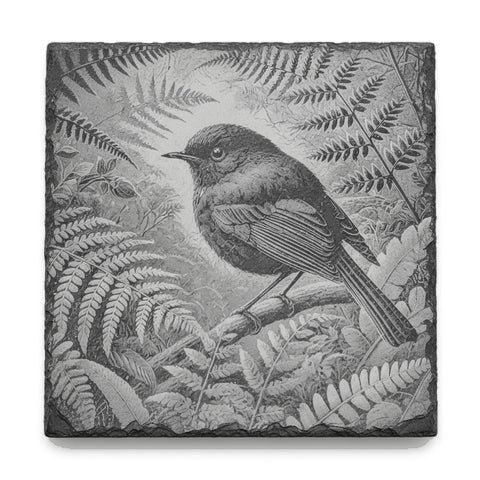 Black Robin engraved on a natural slate coaster